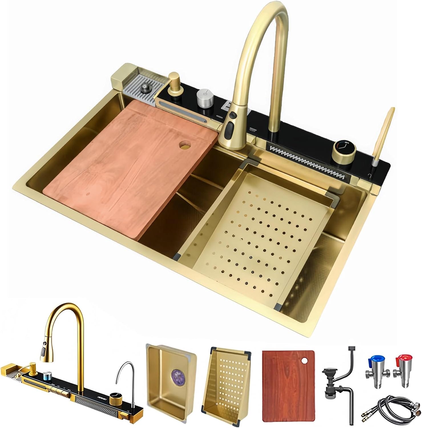 Gold Kitchen Workstation Sink with Waterfall Faucet and Temperature Display