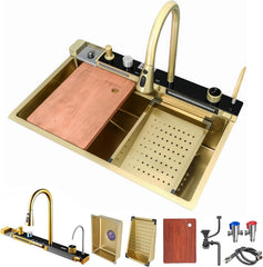 Gold Kitchen Workstation Sink with Waterfall Faucet and Temperature Display