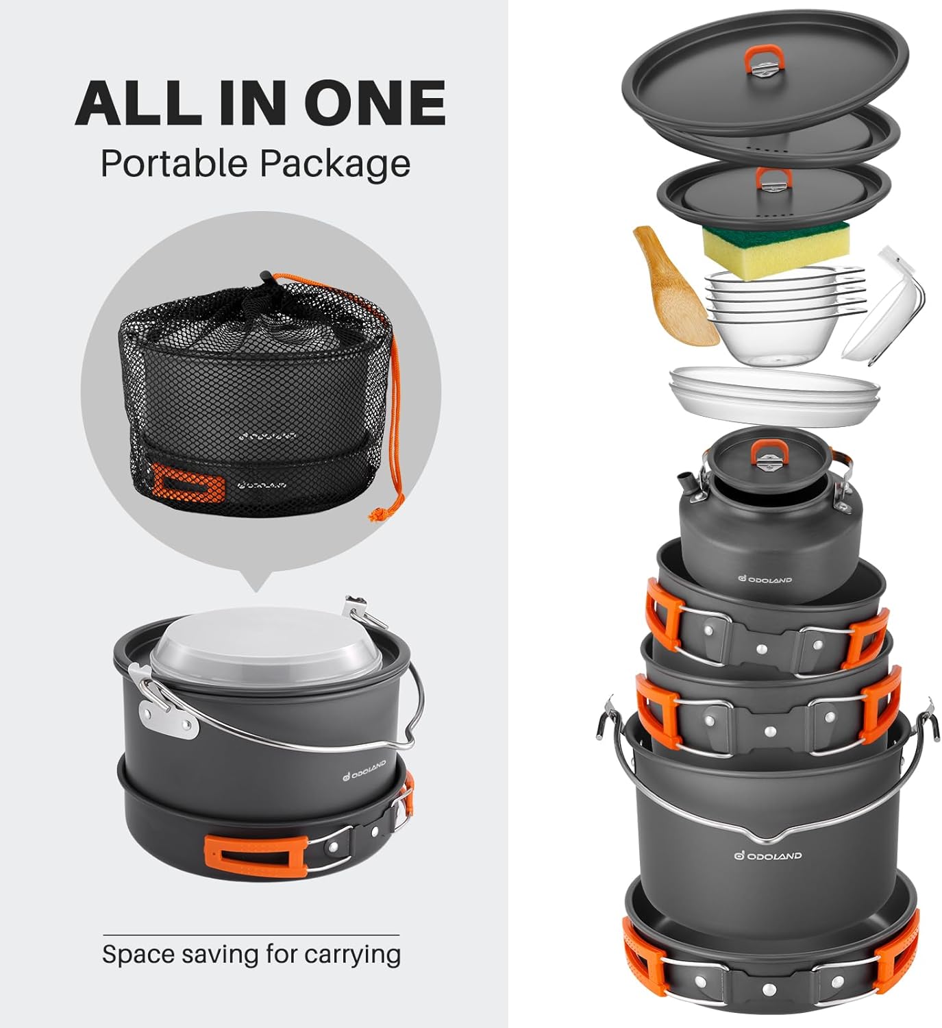 Odoland 18pcs Camping Cookware Large Size Hanging Pot Pan Kettle Set with Plastic Plates Bowls Soup Spoon for Camping, Backpacking, Outdoor Cooking and Picnic