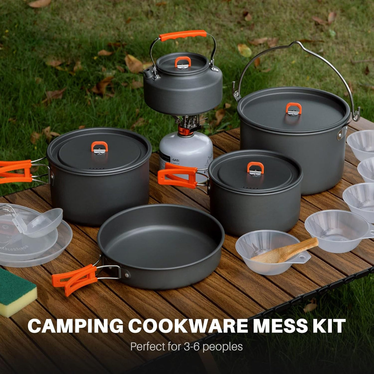 Odoland 18pcs Camping Cookware Large Size Hanging Pot Pan Kettle Set with Plastic Plates Bowls Soup Spoon for Camping, Backpacking, Outdoor Cooking and Picnic