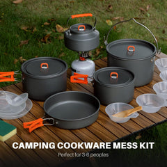 Odoland 18pcs Camping Cookware Large Size Hanging Pot Pan Kettle Set with Plastic Plates Bowls Soup Spoon for Camping, Backpacking, Outdoor Cooking and Picnic