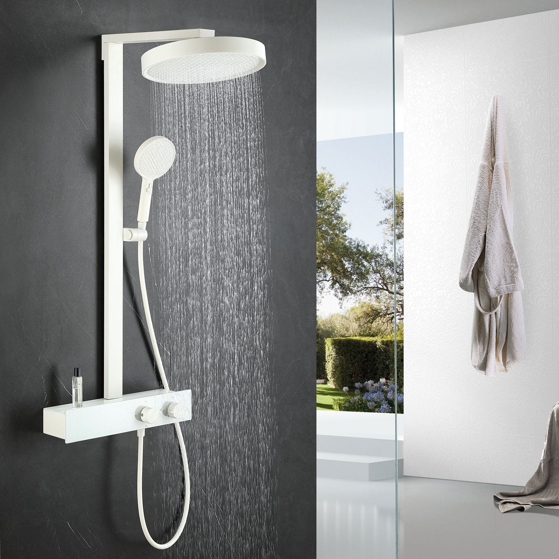 VLEEE Wall-Mounted Shower Faucet Set, 3-Function Handheld Shower with Brass Mixer Faucet, Hot & Cold Water & Storage Shelf