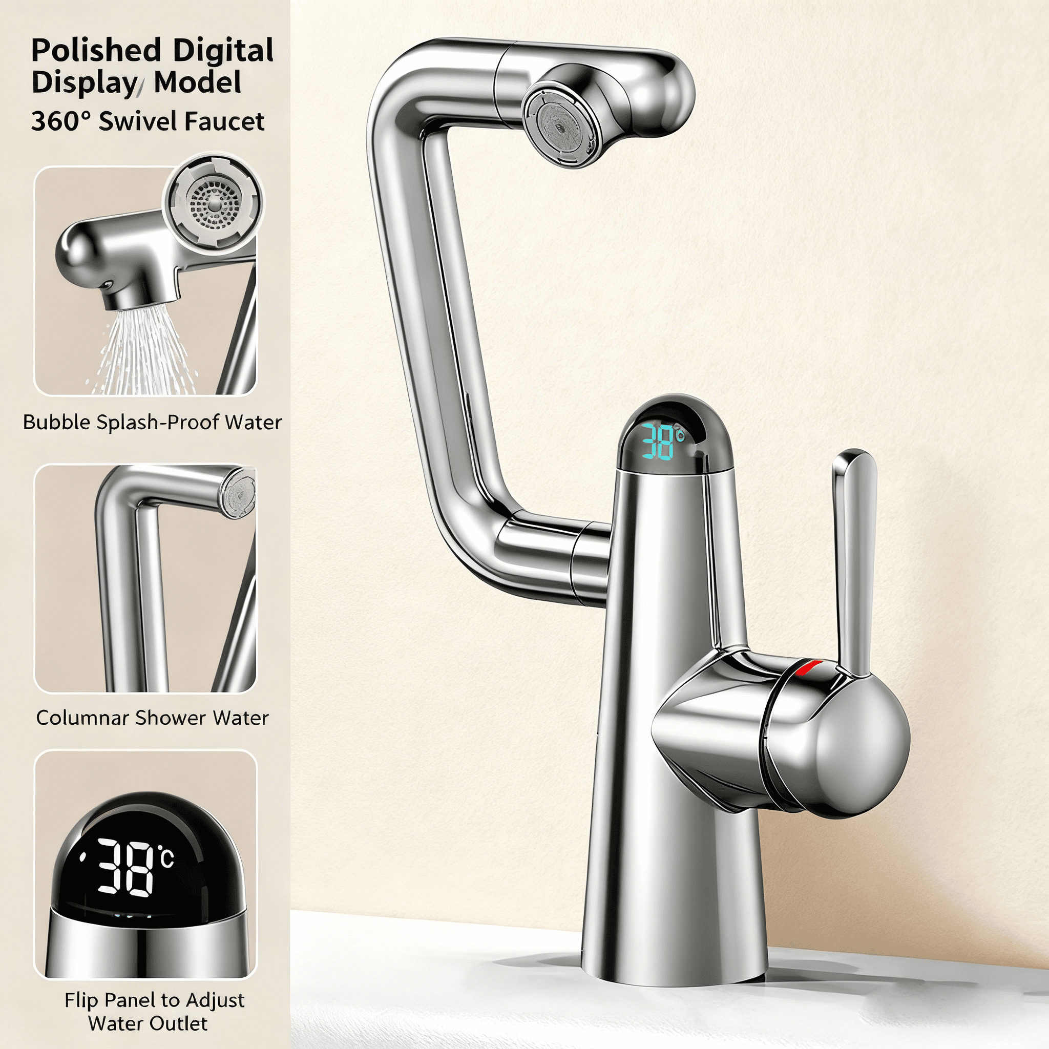 Anti-Splash Brass Faucet with Rotating Design, Digital Display & Modern White/Gunmetal Finish – Smart Bathroom Tap