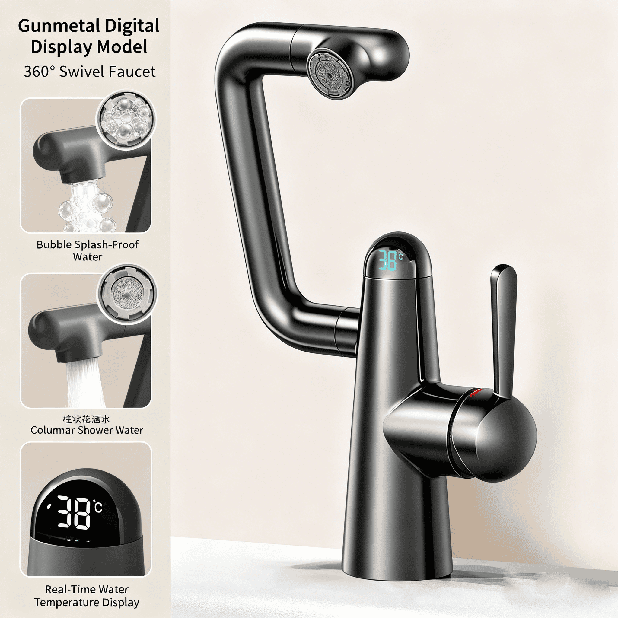 Anti-Splash Brass Faucet with Rotating Design, Digital Display & Modern White/Gunmetal Finish – Smart Bathroom Tap