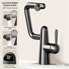 Anti-Splash Brass Faucet with Rotating Design, Digital Display & Modern White/Gunmetal Finish – Smart Bathroom Tap