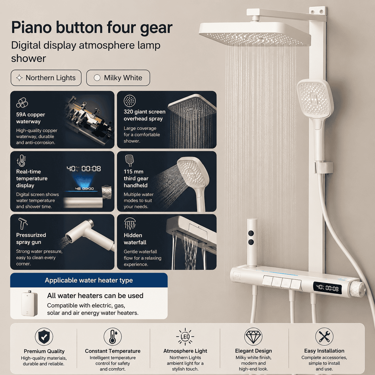 Aurora Smart Ambient Light Shower Set with Digital Display