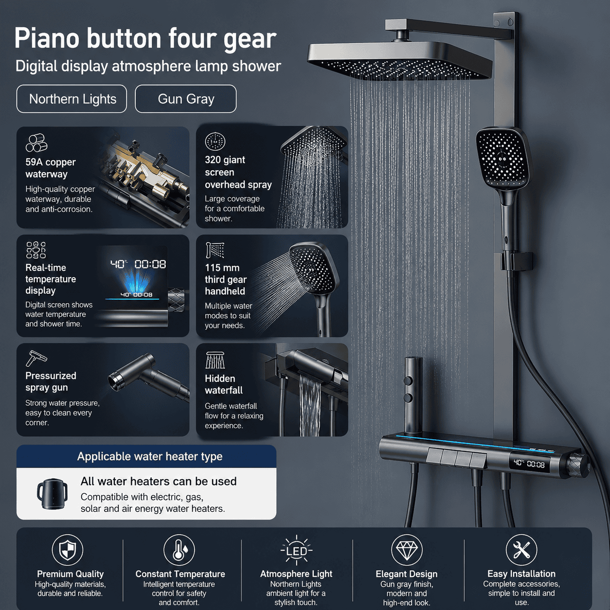 Aurora Smart Ambient Light Shower Set with Digital Display