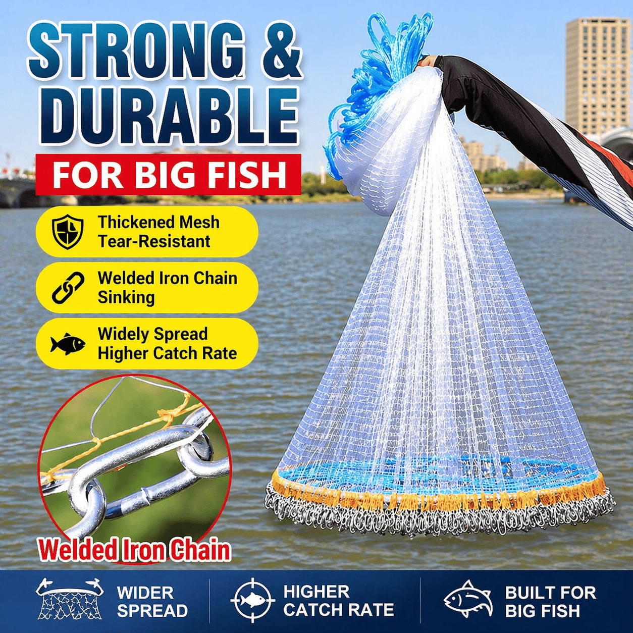Hand Cast Fishing Net with Large Disc for Easy Throw and Fast Catch