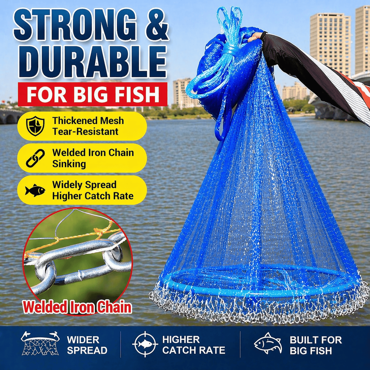 Hand Cast Fishing Net with Large Disc for Easy Throw and Fast Catch