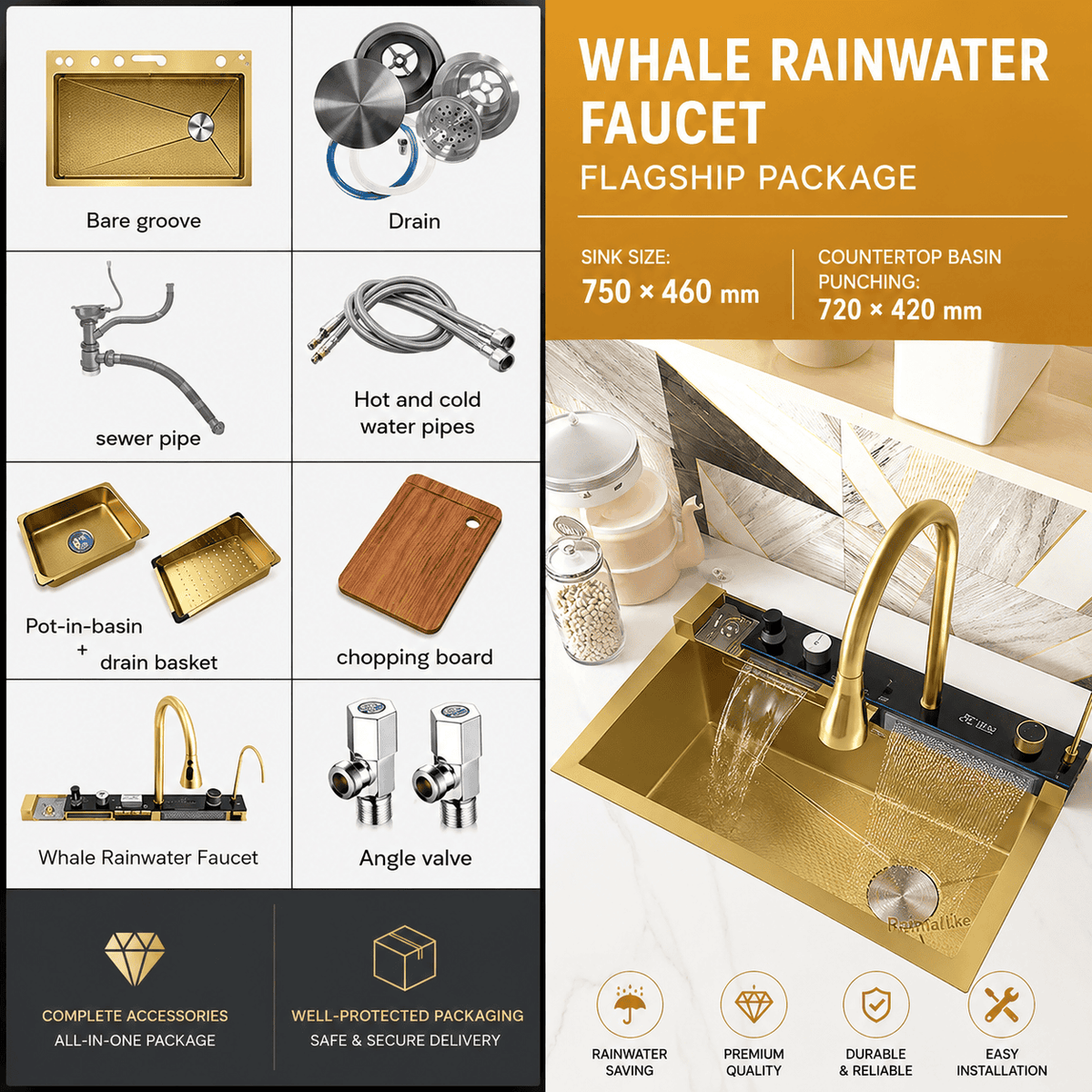 Gold Kitchen Workstation Sink with Waterfall Faucet and Temperature Display