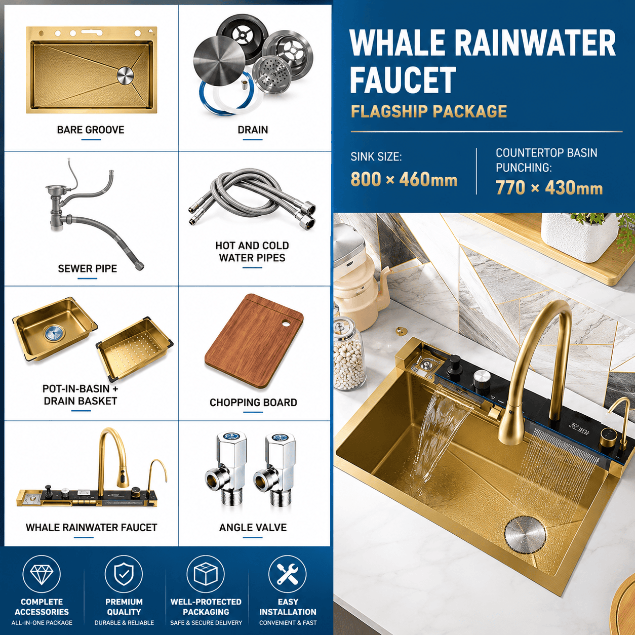 Gold Kitchen Workstation Sink with Waterfall Faucet and Temperature Display