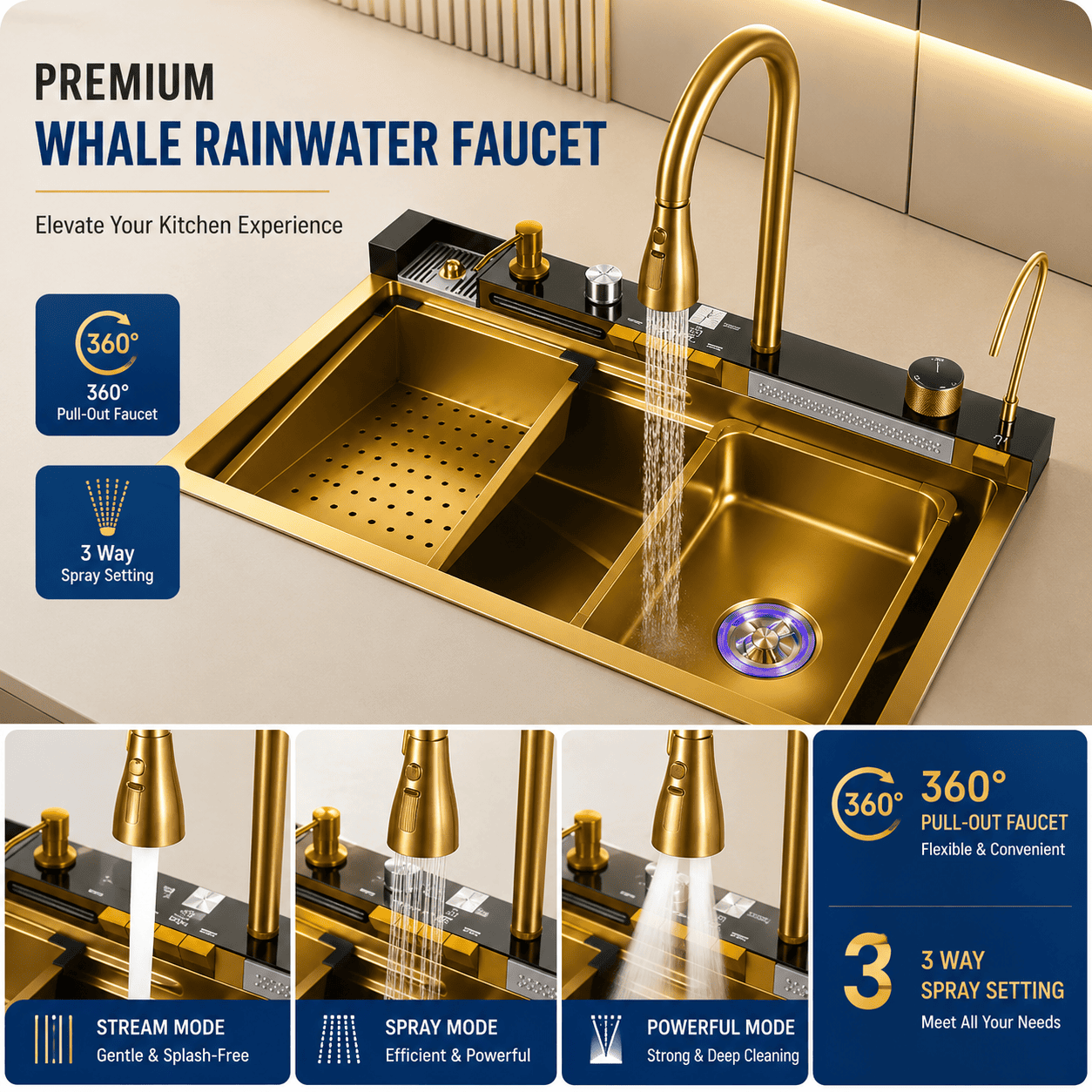 Gold Kitchen Workstation Sink with Waterfall Faucet and Temperature Display