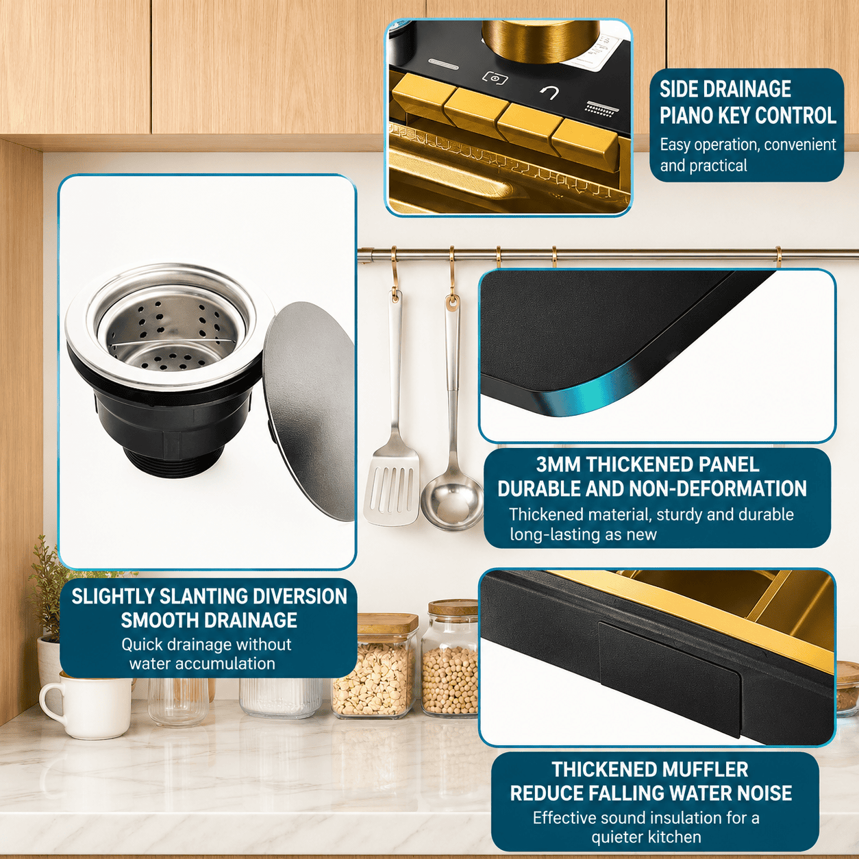 Gold Kitchen Workstation Sink with Waterfall Faucet and Temperature Display