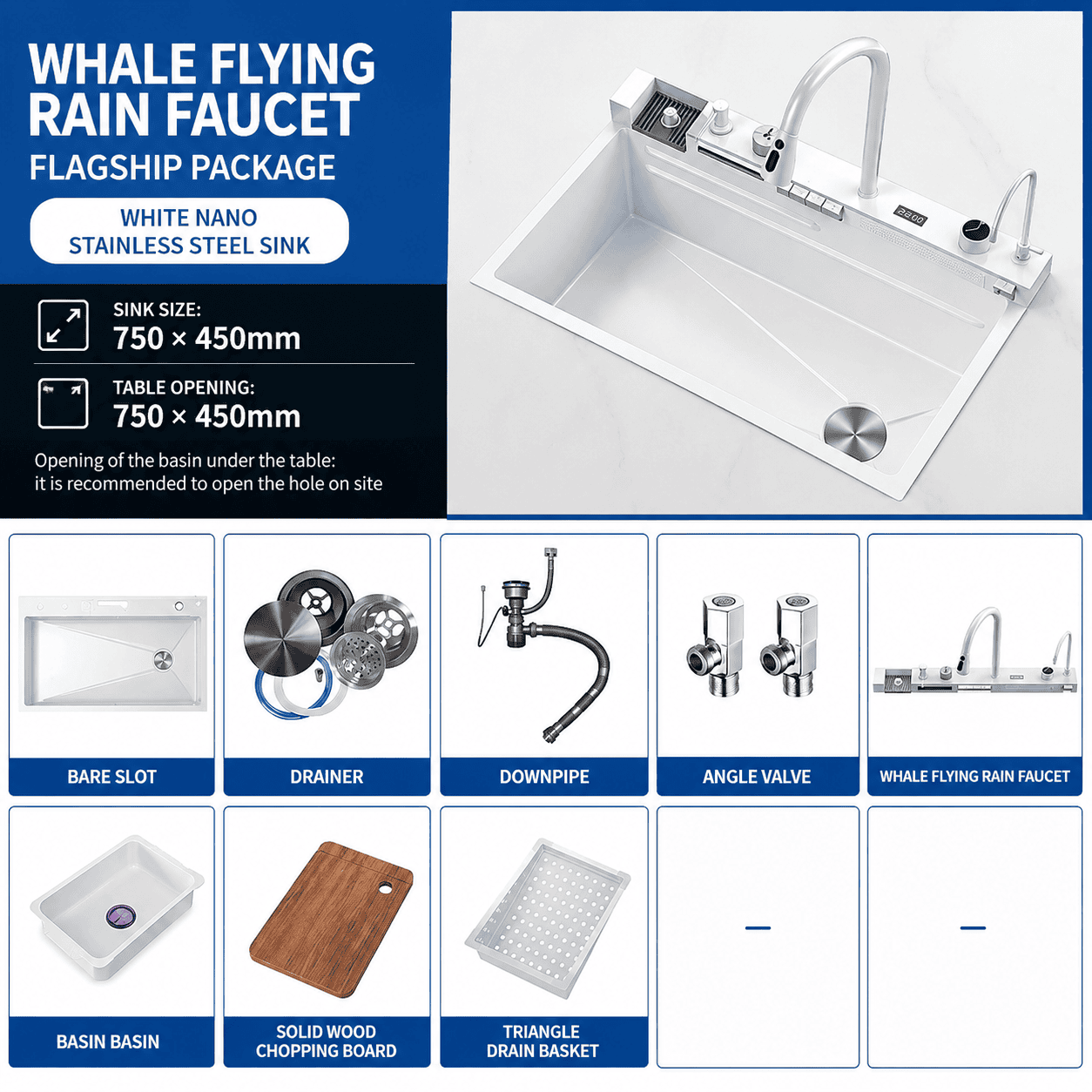 White Kitchen Workstation Sink with Waterfall Faucet and Temperature Display