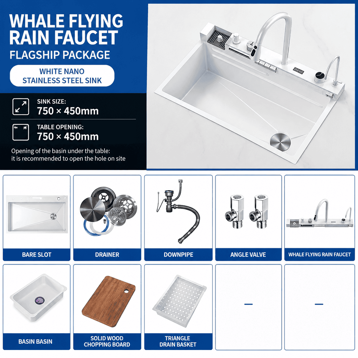 White Kitchen Workstation Sink with Waterfall Faucet and Temperature Display
