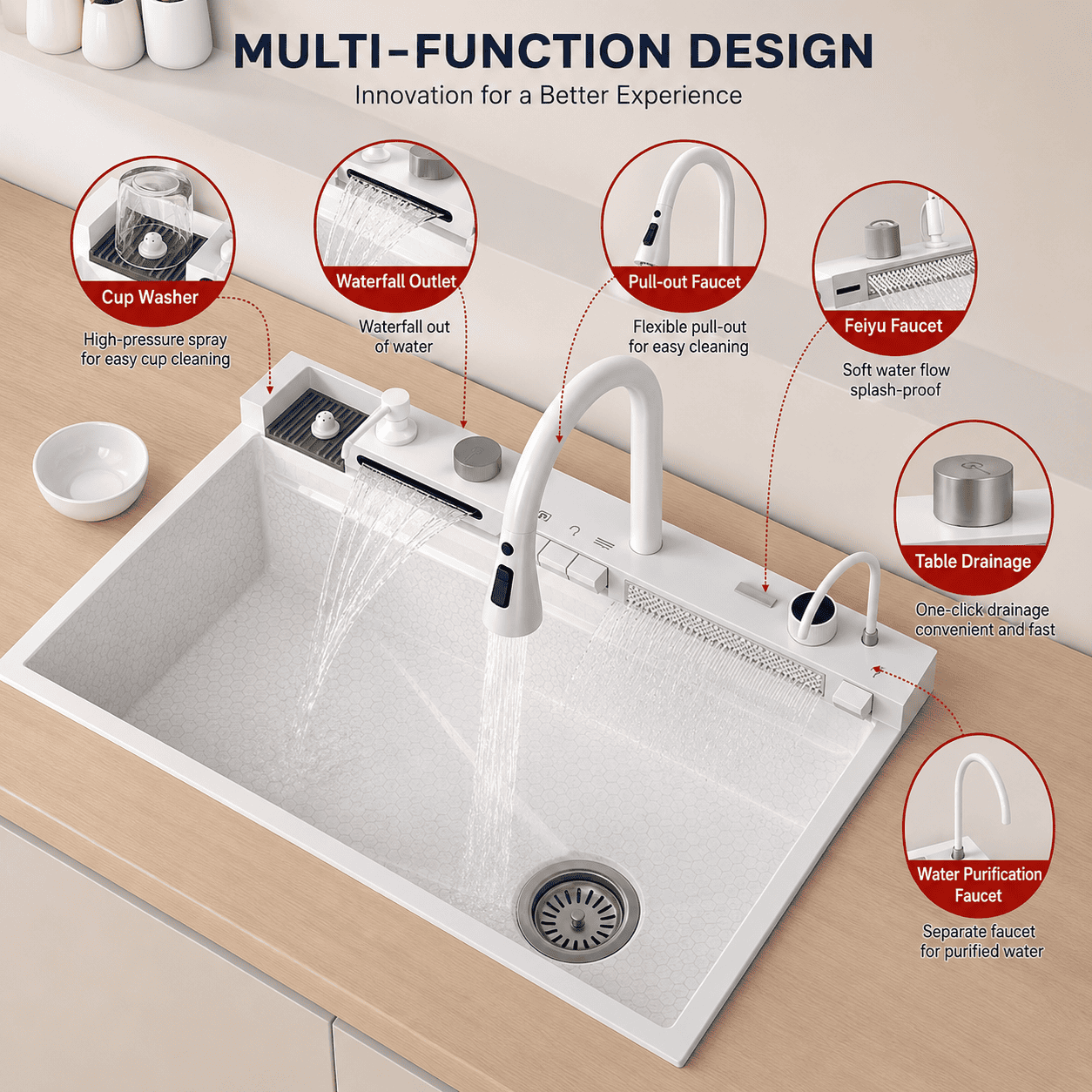 White Kitchen Workstation Sink with Waterfall Faucet and Temperature Display