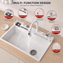 White Kitchen Workstation Sink with Waterfall Faucet and Temperature Display