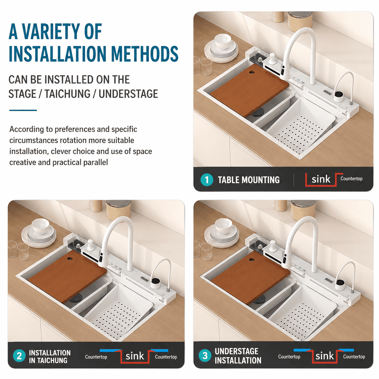White Kitchen Workstation Sink with Waterfall Faucet and Temperature Display