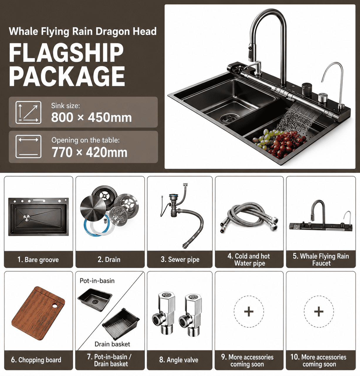 Stainless steel waterfall kitchen sink, integrated faucet and multifunctional wash basin, factory high-end kitchen customization