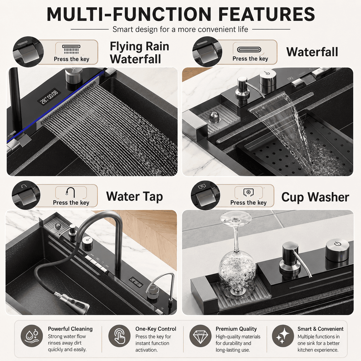 Deluxe Waterfall Workstation Kitchen Sink with Digital Temperature Display Faucet