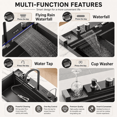 Deluxe Waterfall Workstation Kitchen Sink with Digital Temperature Display Faucet