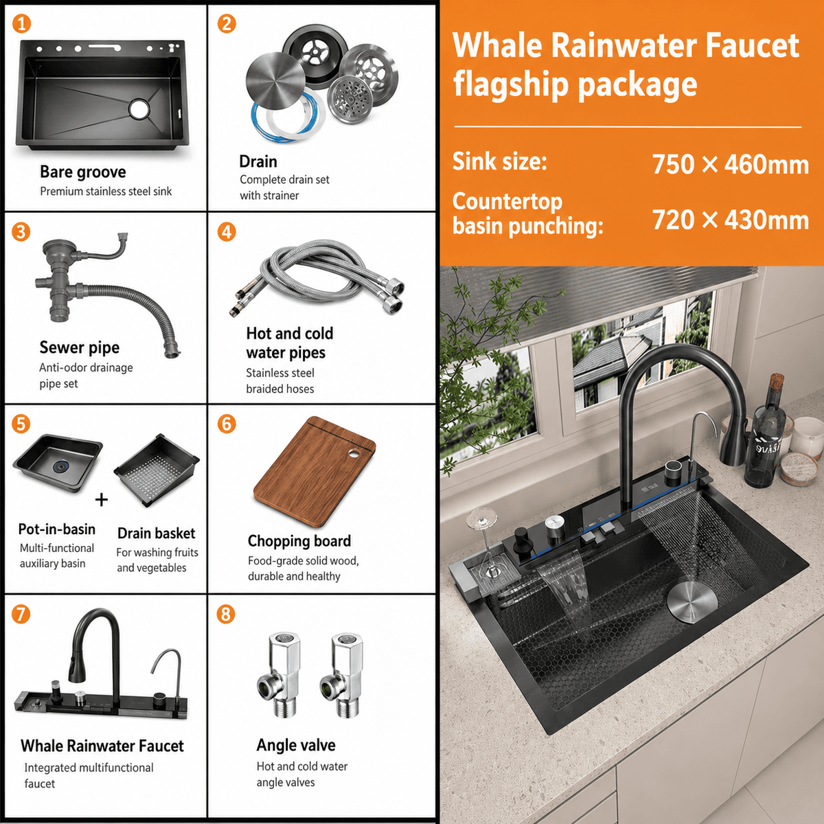 Deluxe Waterfall Workstation Kitchen Sink with Digital Temperature Display Faucet
