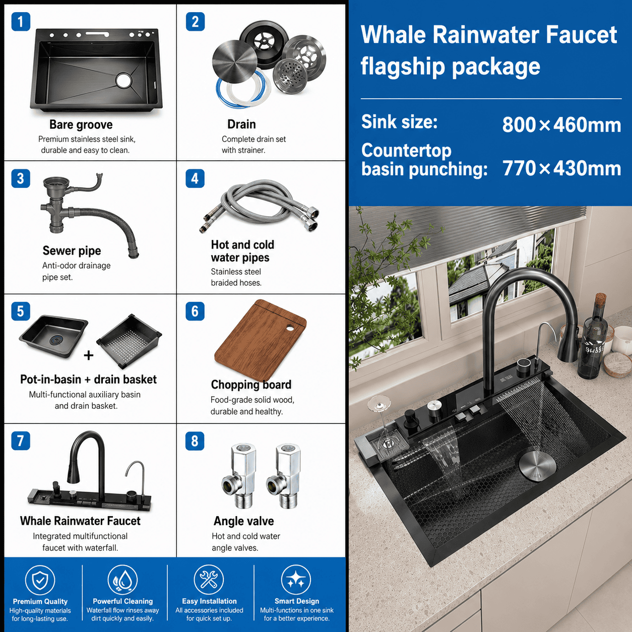 Deluxe Waterfall Workstation Kitchen Sink with Digital Temperature Display Faucet