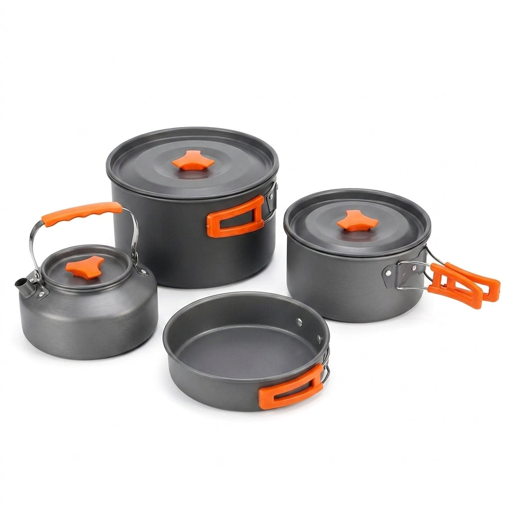 18-Piece Camping Cookware Set with Pot, Pan, Kettle, Plates and Bowls