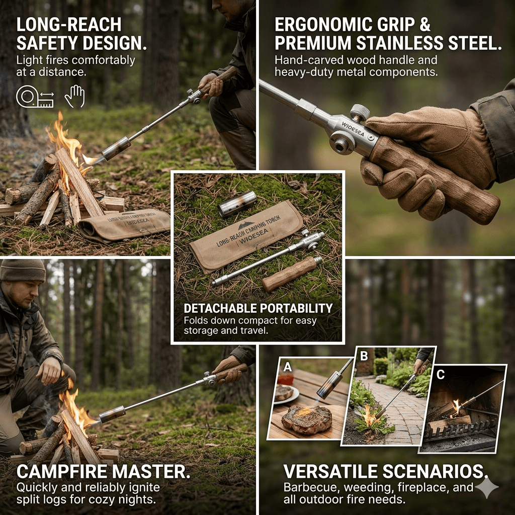 XYlivingstore Camping Long Flame Igniter – Portable Wooden Handle Gas Burner for BBQ & Outdoor Cooking