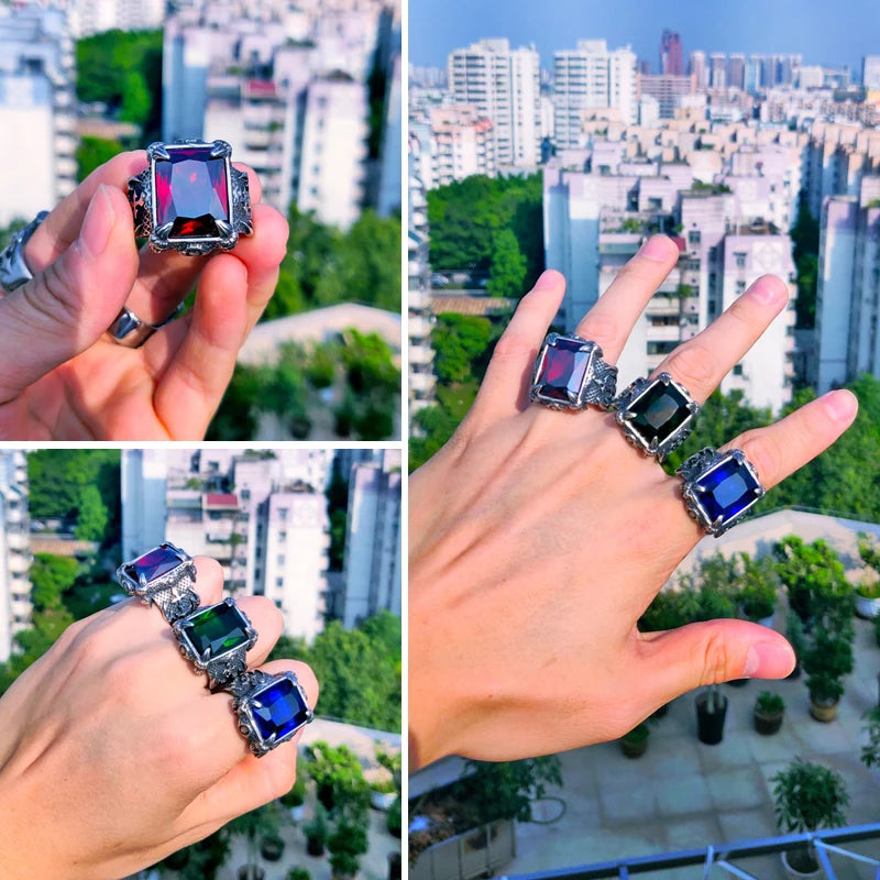 Vleee Dashi Stainless Steel Men's Classic Claw Punk Ring with Blue/Black/Green/Red Zircon.