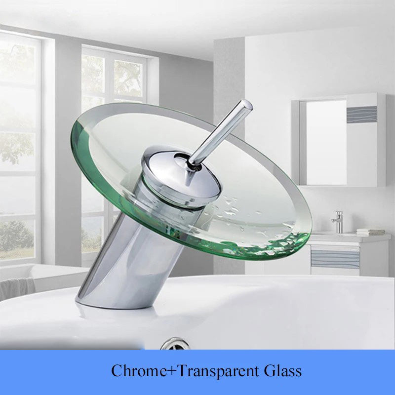 Colorful Glass Waterfall Bathroom Basin Faucet – Chrome Single Lever Deck-Mounted Round Mixer Tap