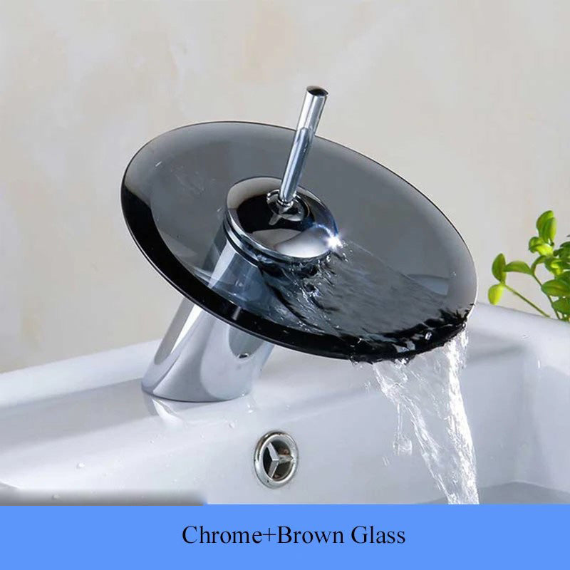 Colorful Glass Waterfall Bathroom Basin Faucet – Chrome Single Lever Deck-Mounted Round Mixer Tap