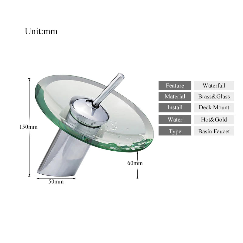 Colorful Glass Waterfall Bathroom Basin Faucet – Chrome Single Lever Deck-Mounted Round Mixer Tap