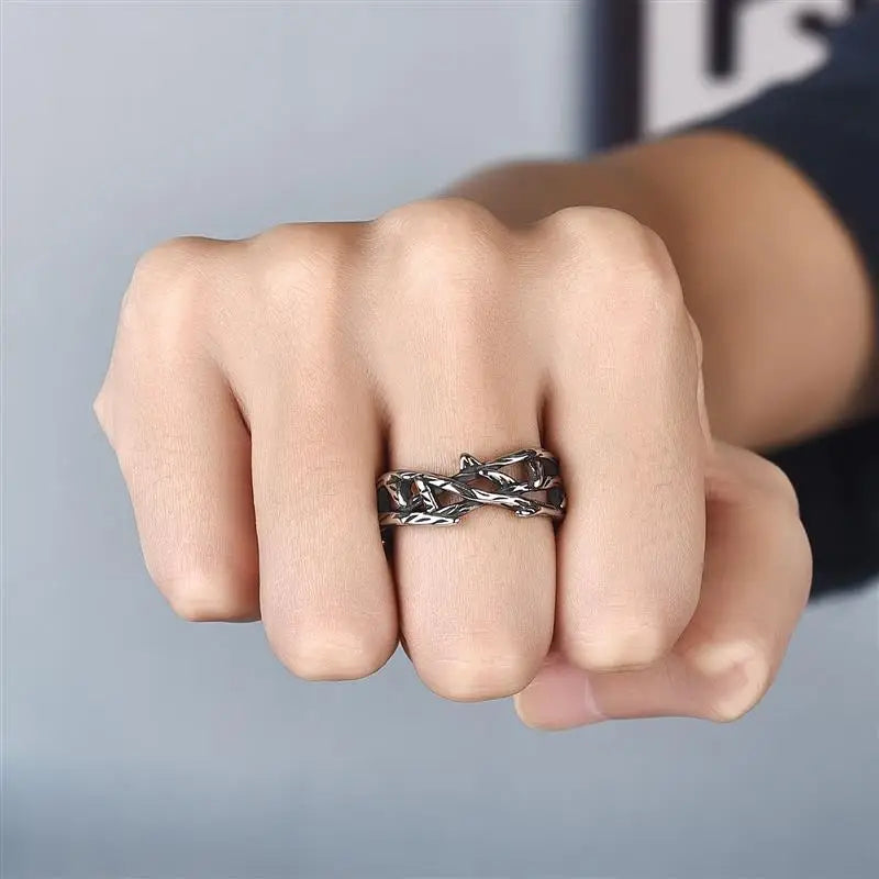 Vleee Olive Branch Men's Ring: Hollow Stainless Steel, merging Punk Retro vibes for a distinctive couple's accessory.