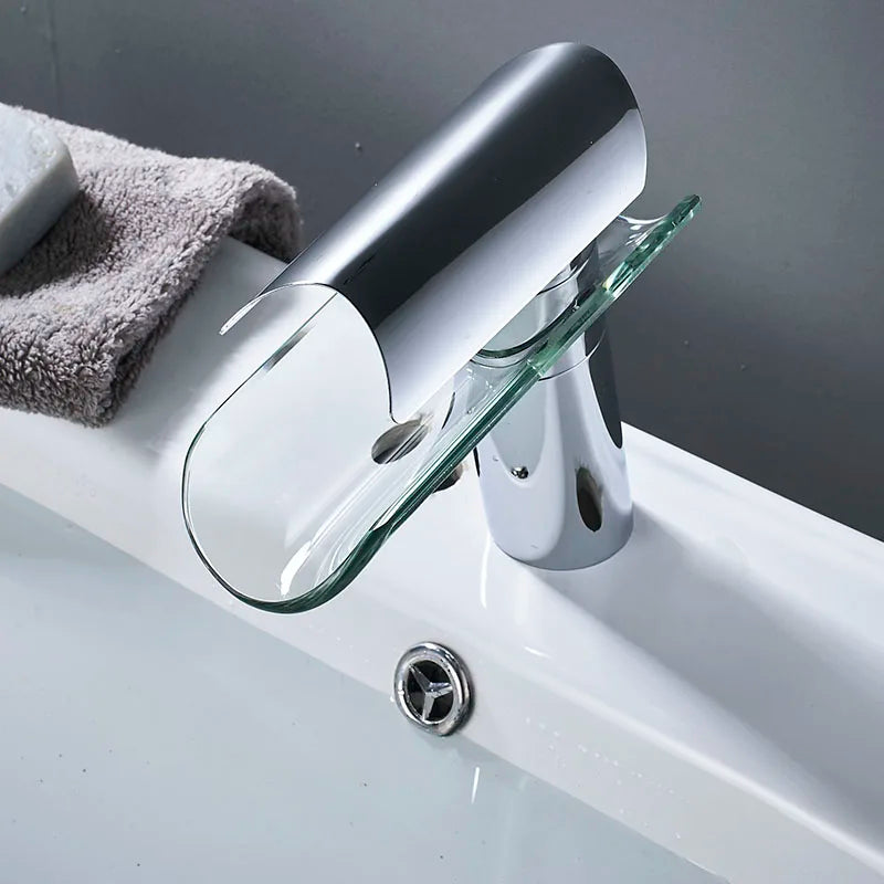 XYlivingstore Glass Waterfall Bathroom Basin Faucet – Hot and Cold Mixer with Short and Tall Options
