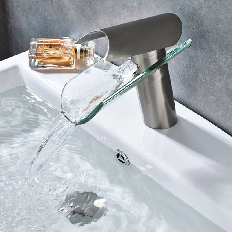 XYlivingstore Glass Waterfall Bathroom Basin Faucet – Hot and Cold Mixer with Short and Tall Options