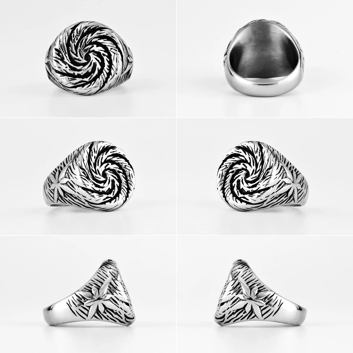 Vleee Unique Black Hole Swirl Flower Ring: Stainless Steel Men's Punk Amulet, adding a distinctive touch to men's fashion.