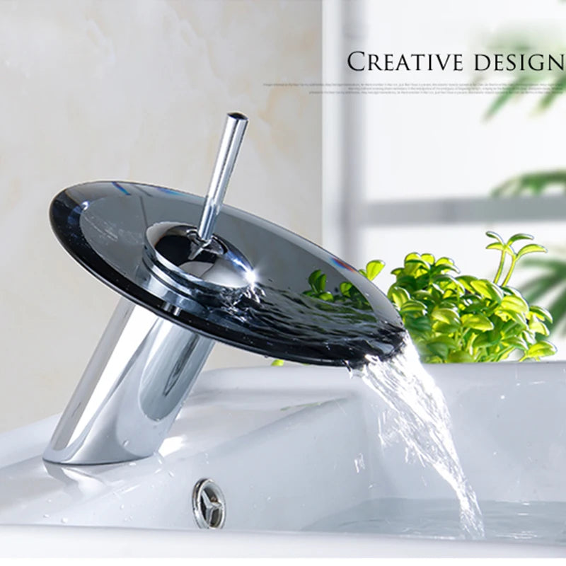Colorful Glass Waterfall Bathroom Basin Faucet – Chrome Single Lever Deck-Mounted Round Mixer Tap