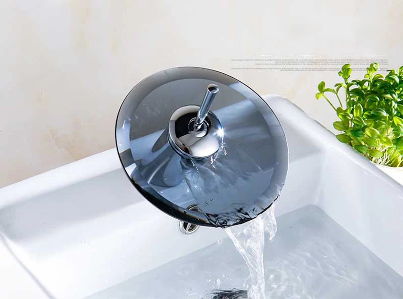 Colorful Glass Waterfall Bathroom Basin Faucet – Chrome Single Lever Deck-Mounted Round Mixer Tap