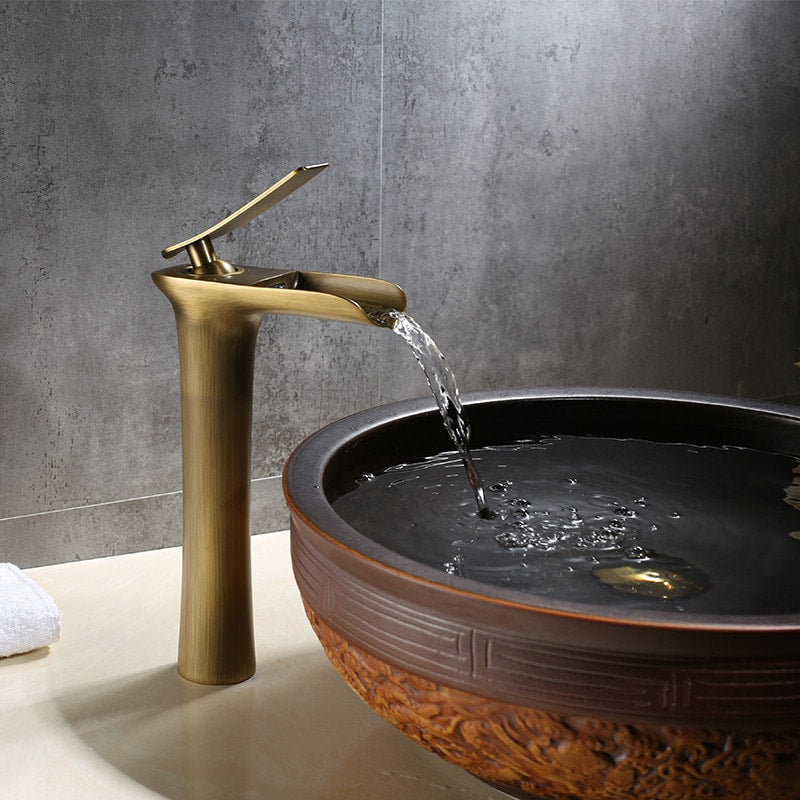 XYliving store Antique Brass Waterfall Basin Faucet | Single Handle Mixer Tap