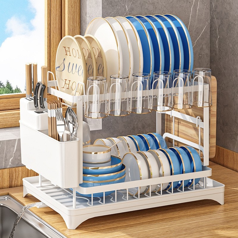 Multi-Function Dish Drying Rack, Kitchen Countertop Dish Organizer for Plates, Bowls, Cups & Utensils