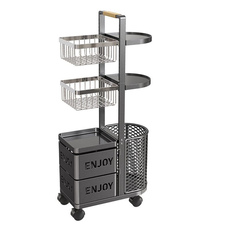 360° Rotating Carbon Steel Kitchen Storage Basket with Adjustable Height and Easy-Clean Design