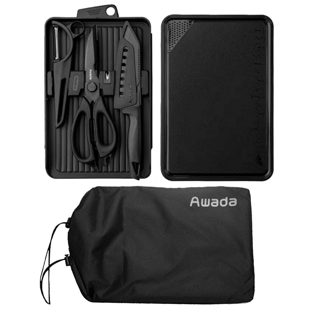 Portable Camping Cutting & Cooking Set, Multi-Function Outdoor Kitchen Kit with Knife, Scissors & Cutting Board
