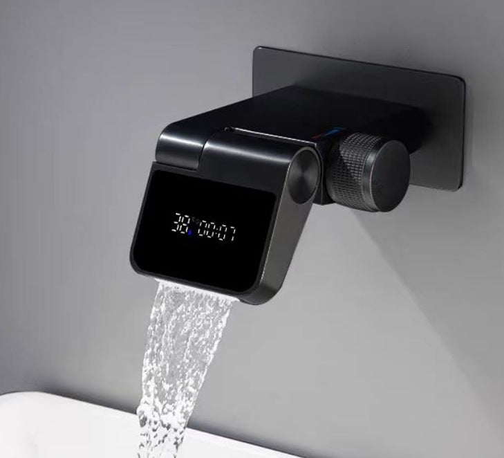 New Concealed Wall-Mounted Waterfall Faucet – Full Copper, Digital Display & Swivel Spout