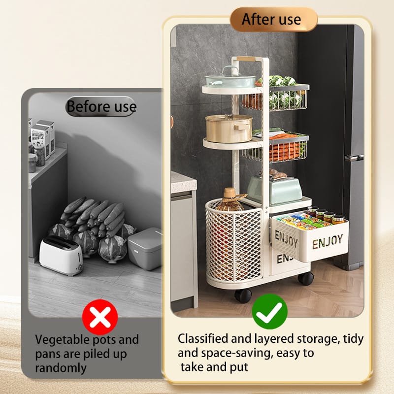 360° Rotating Carbon Steel Kitchen Storage Basket with Adjustable Height and Easy-Clean Design