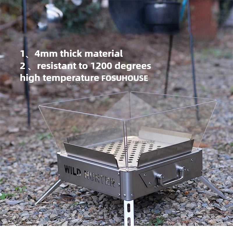 Nordic Stainless Steel Fire Pit Table with BBQ Grill and Glass Wind Guard