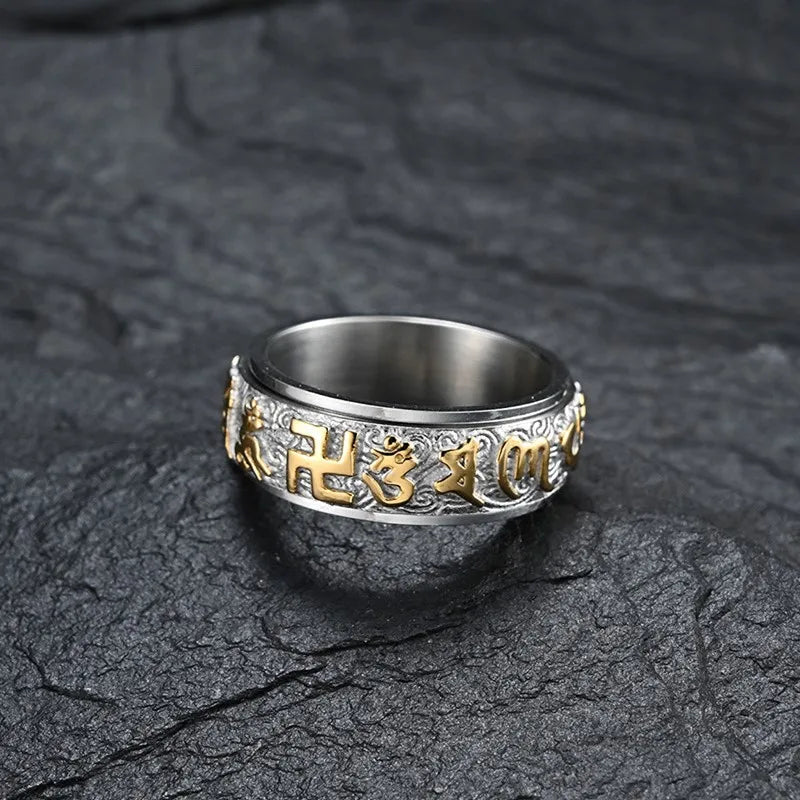 Vleee 8mm Stainless Steel Spinner Ring: Tibetan Buddhist Mantra Sanskrit Style for Men and Women, available in Sizes 6-12.