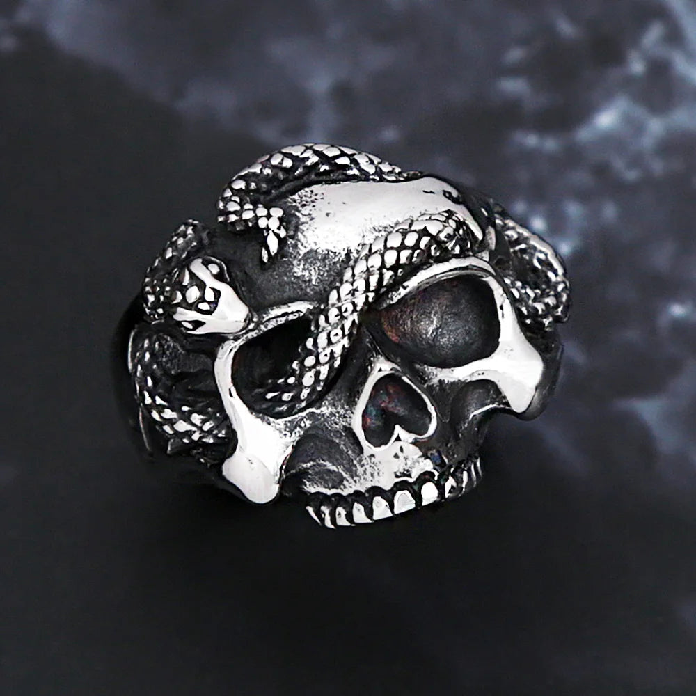 Vleee Snake Skull Ring: A Retro Punk Hip Hop Style Stainless Steel Ring designed for Men.