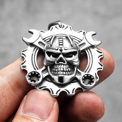 Vleee Mechanical Wrench Gear Skull Necklace: Stainless Steel Pendant Chain for Men and Women, Perfect for Punk Motorcycle Style.