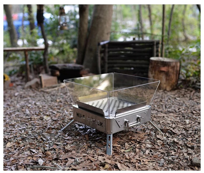 Nordic Stainless Steel Fire Pit Table with BBQ Grill and Glass Wind Guard